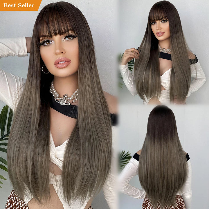 Ombre Gray Wigs Long Straight Perruques with Bangs Platinum Blonde Synthetic Wig for Women. Perfect for Anime Cosplay and Lolita style.