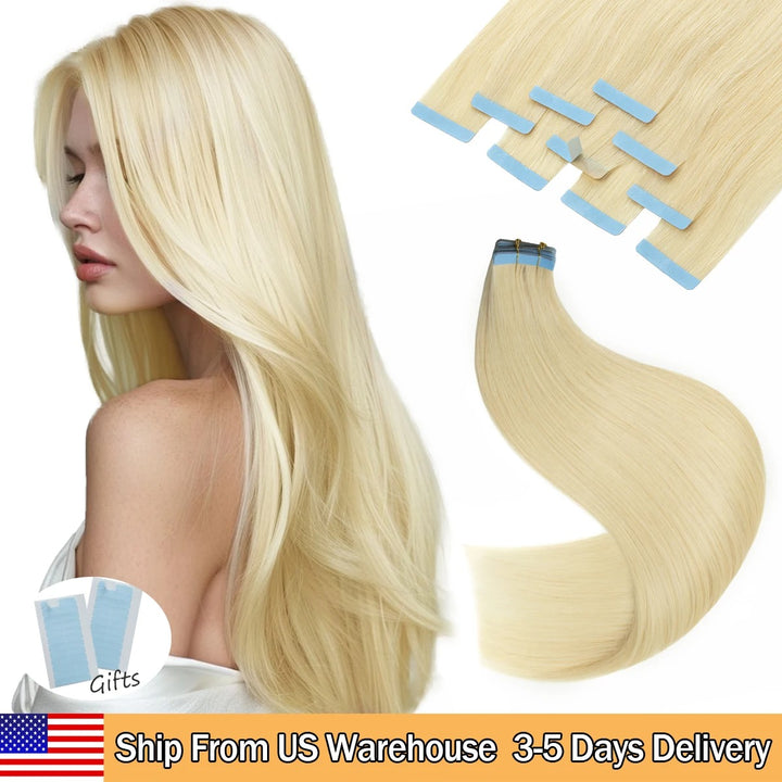 Tape-In Human Hair Extensions – Natural Remy Skin Weft | Seamless, Soft & Tangle-Free | 40–50g/Pack | 12–24 Inch Lengths