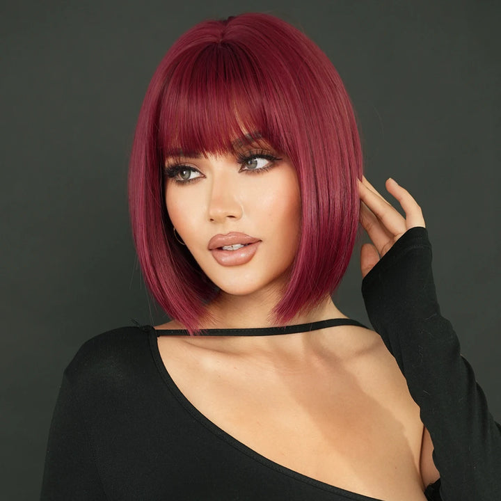 12-inch Short Bob Straight Wig with Bangs - Natural Red Yaki Synthetic Heat Resistant Burgundy Red Hair for Party Cosplay.
