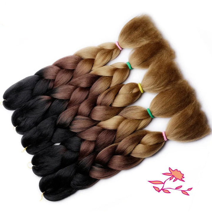 Three braided hair extensions in black, brown, and blonde on a white background with  branding.