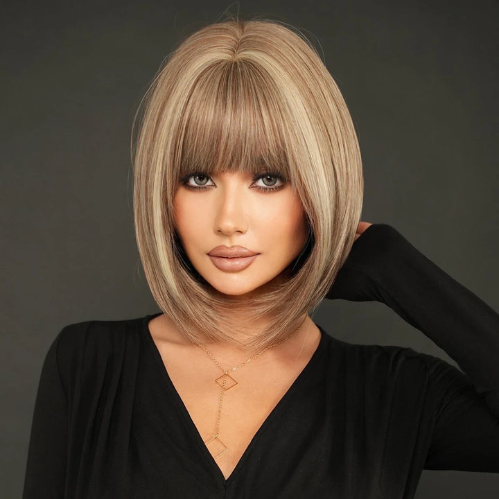 Black Bob Wigs with Bangs, Synthetic Straight Bob Wigs for Women, Heat Resistant 12 in Hair