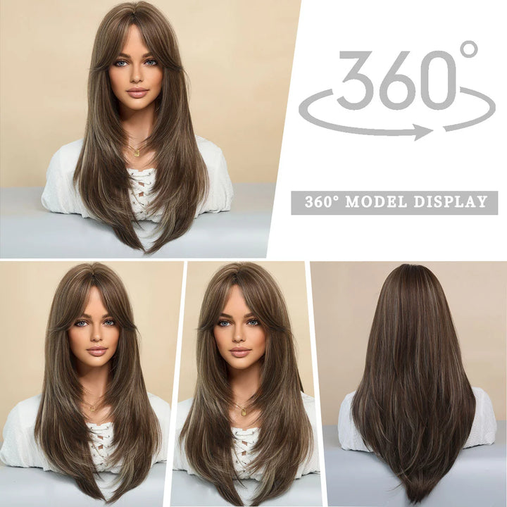 Honey Blonde Wig with Bangs - Long Brown Wigs for Women, Layered Heat Resistant Synthetic Wigs. Perfect for a natural look!