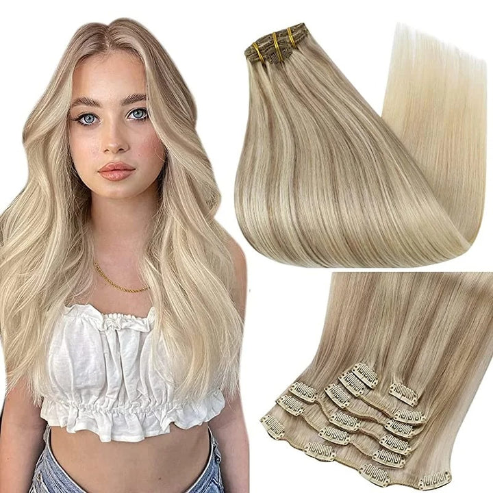 100% Human Hair Clip-In Extensions – Double Weft, 7PCS Set, 105g, for Women