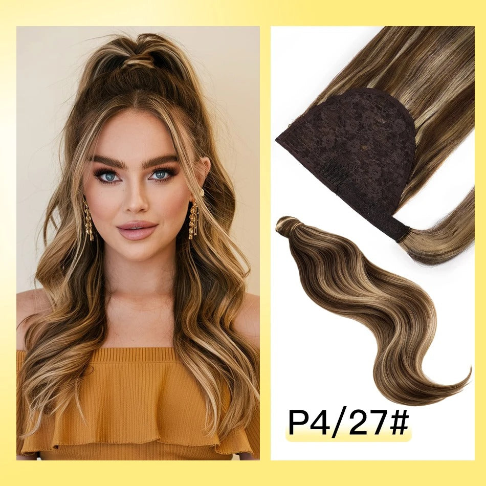 Woman with styled hair and hair extensions labeled P4/27# on a yellow background