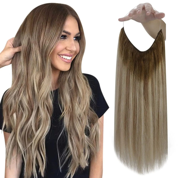 Fishing Wire Hair Extensions – Real Human Hair, Thick Secret Wire Hairpiece for Women | Invisible One-Piece Clip-In