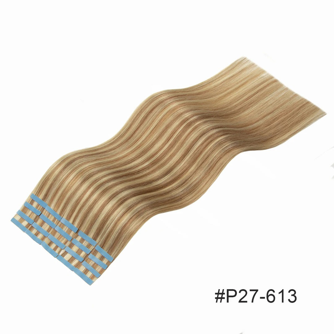Tape-In Hair Extensions – 100% Remy Human Hair Skin Weft, Natural Seamless Tape-Ins, 12–24 Inch, 40–50g/Pack
