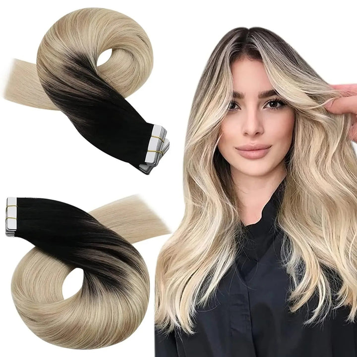 Tape-In Human Hair Extensions – Remy 100% Real Human Hair, Silky Straight, Ash Blonde with Highlights – Seamless, Natural Look, 20pcs