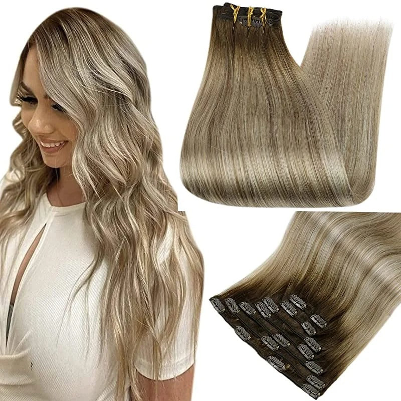 100% Human Hair Clip-In Extensions – Double Weft, 7PCS Set, 105g, for Women