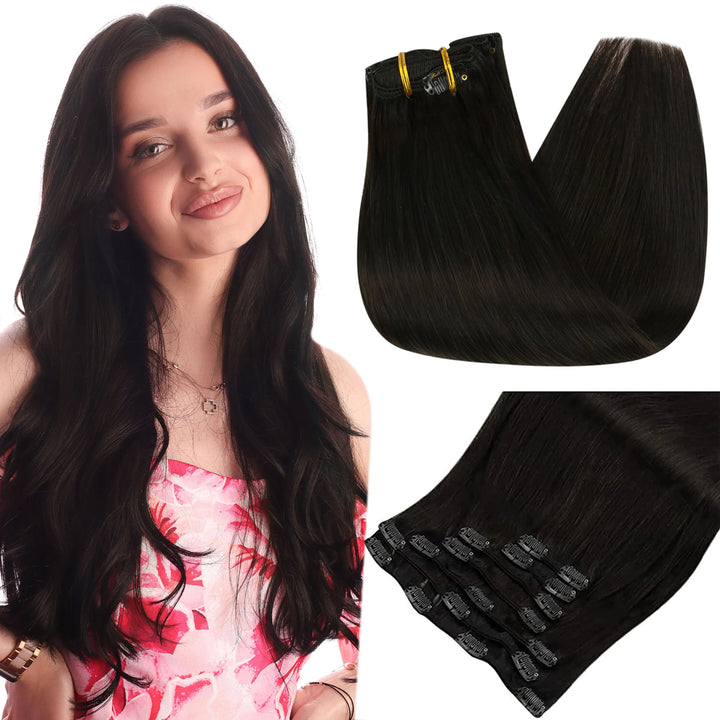 100% Human Hair Clip-In Extensions – Double Weft, 7PCS Set, 105g, for Women