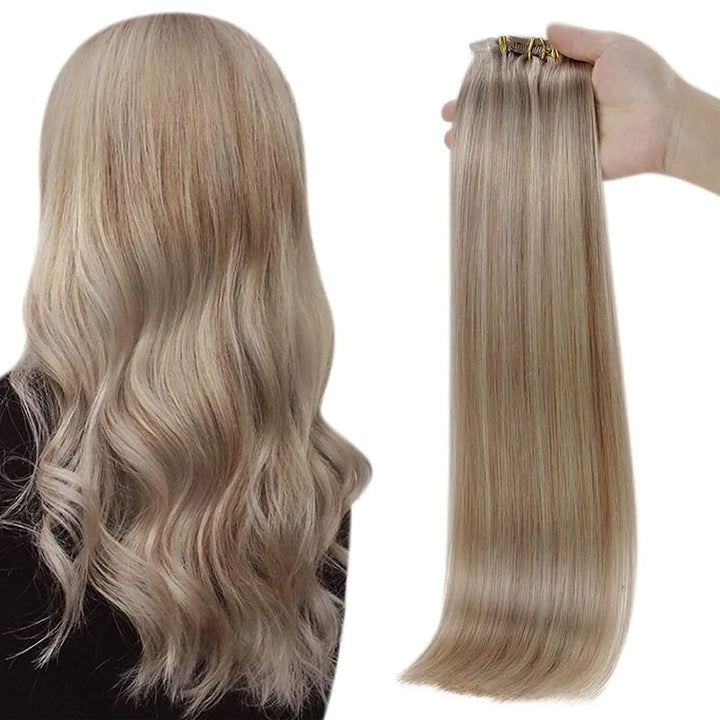 Blonde Seamless Clip-In Hair Extensions – PU Skin Weft, 8PCS, 80g or 100g Remy Human Hair