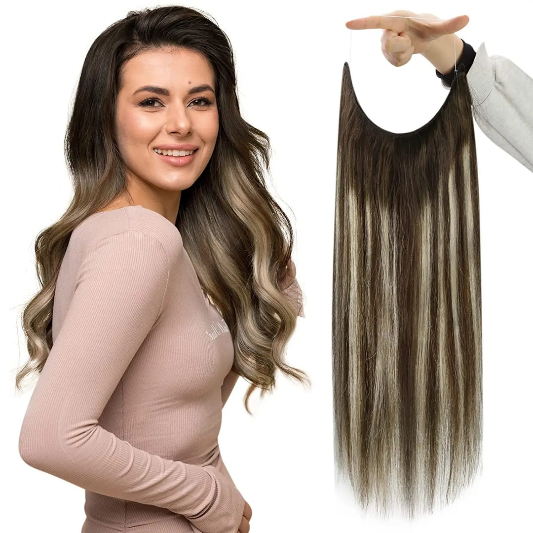 Fishing Wire Hair Extensions – Real Human Hair, Thick Secret Wire Hairpiece for Women | Invisible One-Piece Clip-In