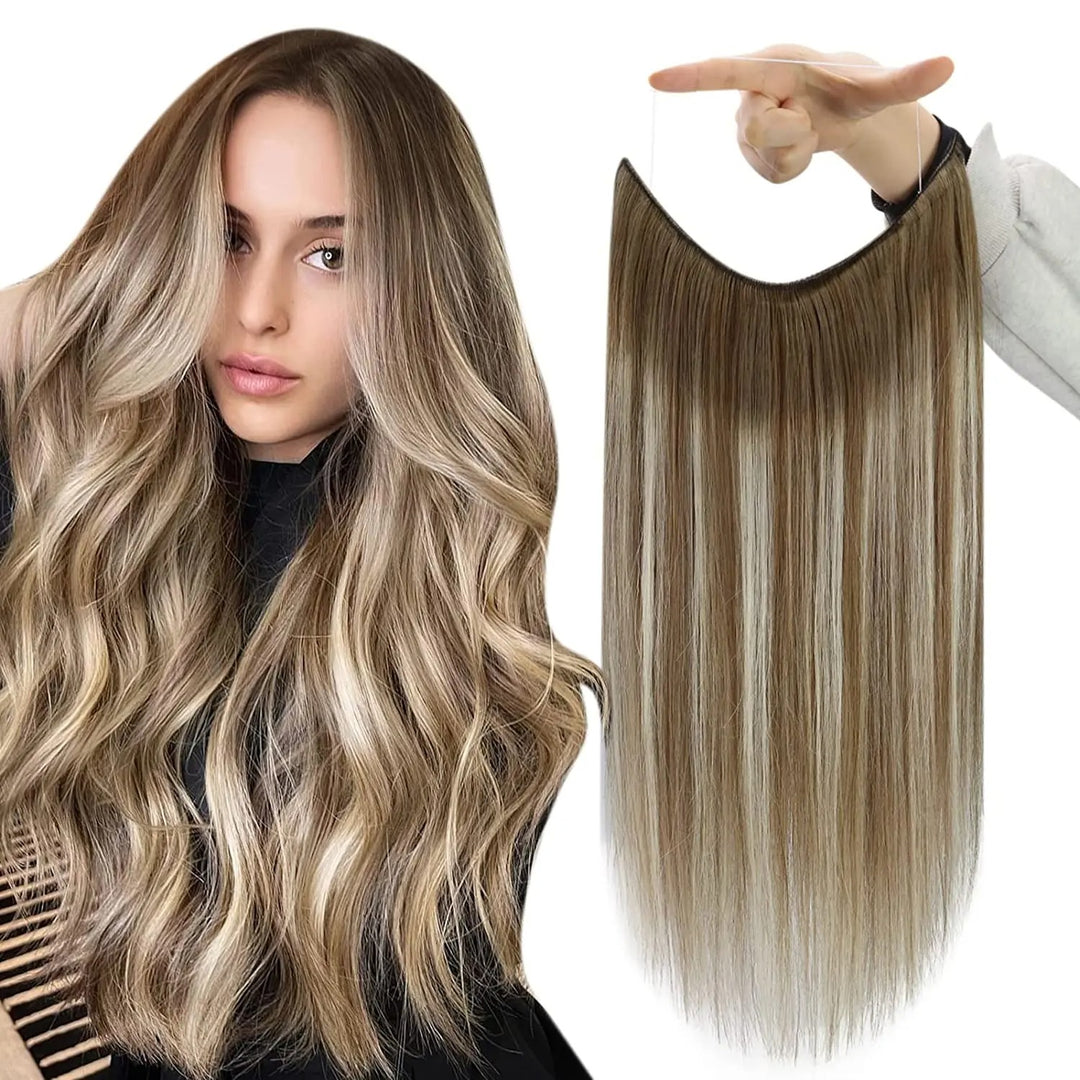 Fishing Wire Hair Extensions – Real Human Hair, Thick Secret Wire Hairpiece for Women | Invisible One-Piece Clip-In