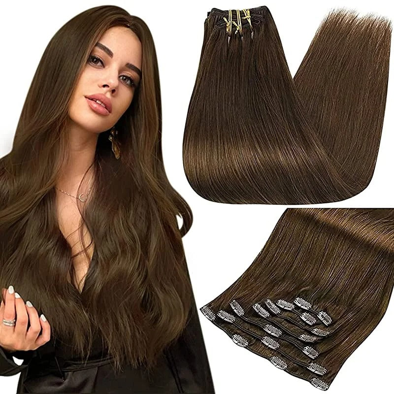 100% Human Hair Clip-In Extensions – Double Weft, 7PCS Set, 105g, for Women