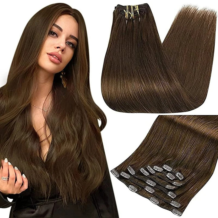 100% Human Hair Clip-In Extensions – Double Weft, 7PCS Set, 105g, for Women
