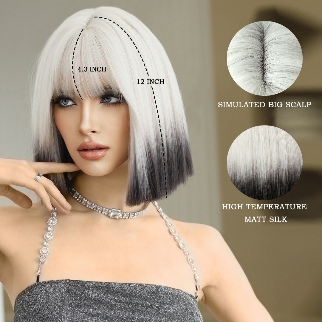 Ombre colored bob wig with bangs, perfect for cosplay or everyday wear.