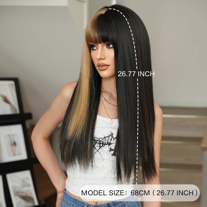 Orange Blonde Long Straight Wig with Bangs Synthetic Cruella De Vil Costume Hair Wig for Women Cosplay Anime Party Halloween.