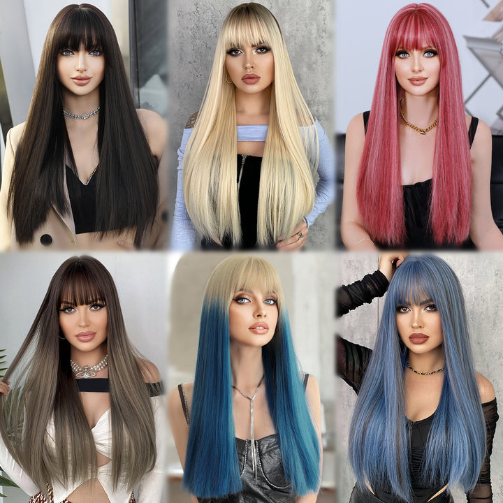 Ombre Gray Wigs Long Straight Perruques with Bangs Platinum Blonde Synthetic Wig for Women. Perfect for Anime Cosplay and Lolita style.