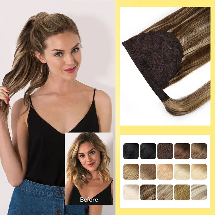 100% Remy Human Hair Highlight Wrap Around Ponytail – Brazilian Straight MagicTie Extension