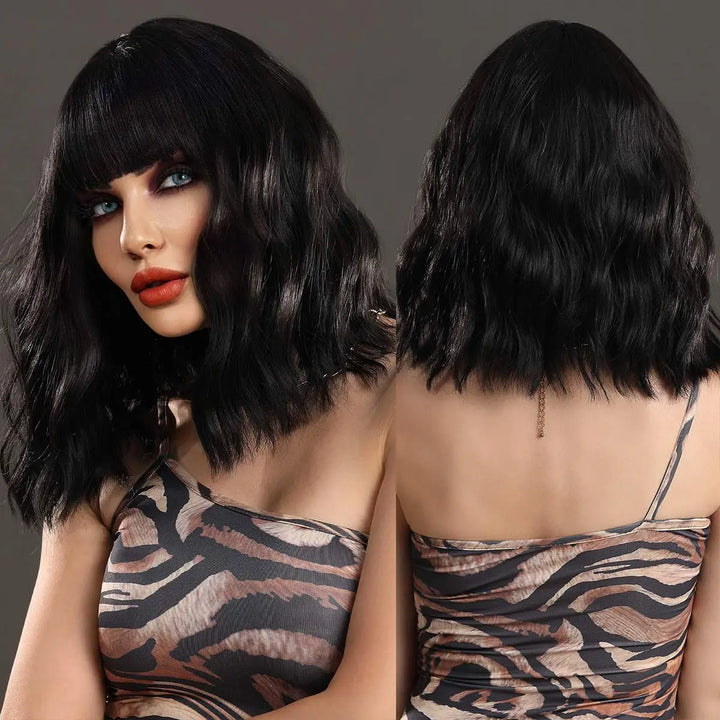 Black and white Cruella Deville wig for women's costume. Short curly wavy synthetic wig for parties and cosplay.
