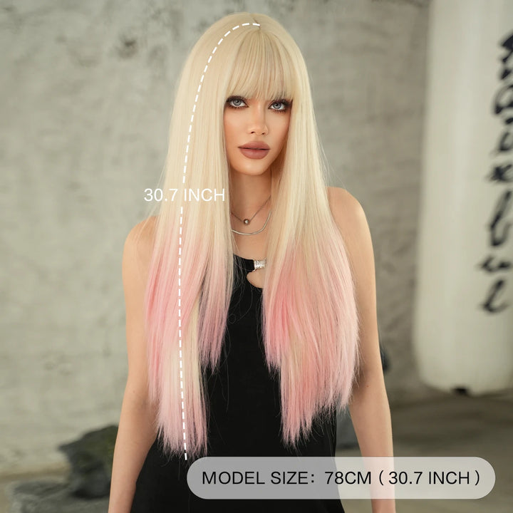 Blonde Pink Long Straight Synthetic Wig with Bangs for Women. Perfect for Cosplay, Halloween, and Parties. Ombre Hair Wig.