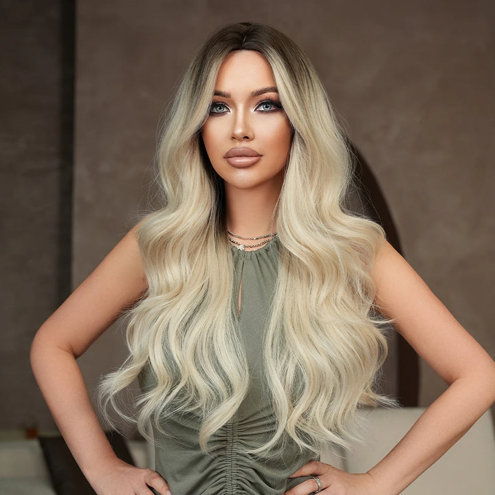 30 Inch Ombre Platinum Blonde Long Curls Synthetic Wig for Women. Heat Resistant with Natural Hair Slit. Matte White Hair Wigs. Peluca