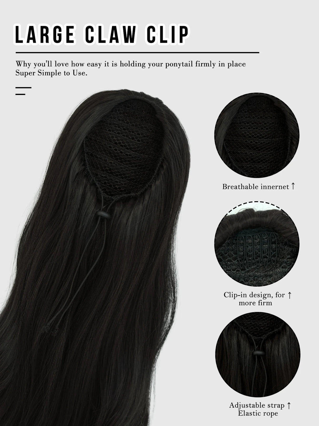 Black Hair Extensions 28 Inch Clip in Wig Adjustable Size Curly Ponytail Synthetic Hair Extension Set Black with Steel Prongs