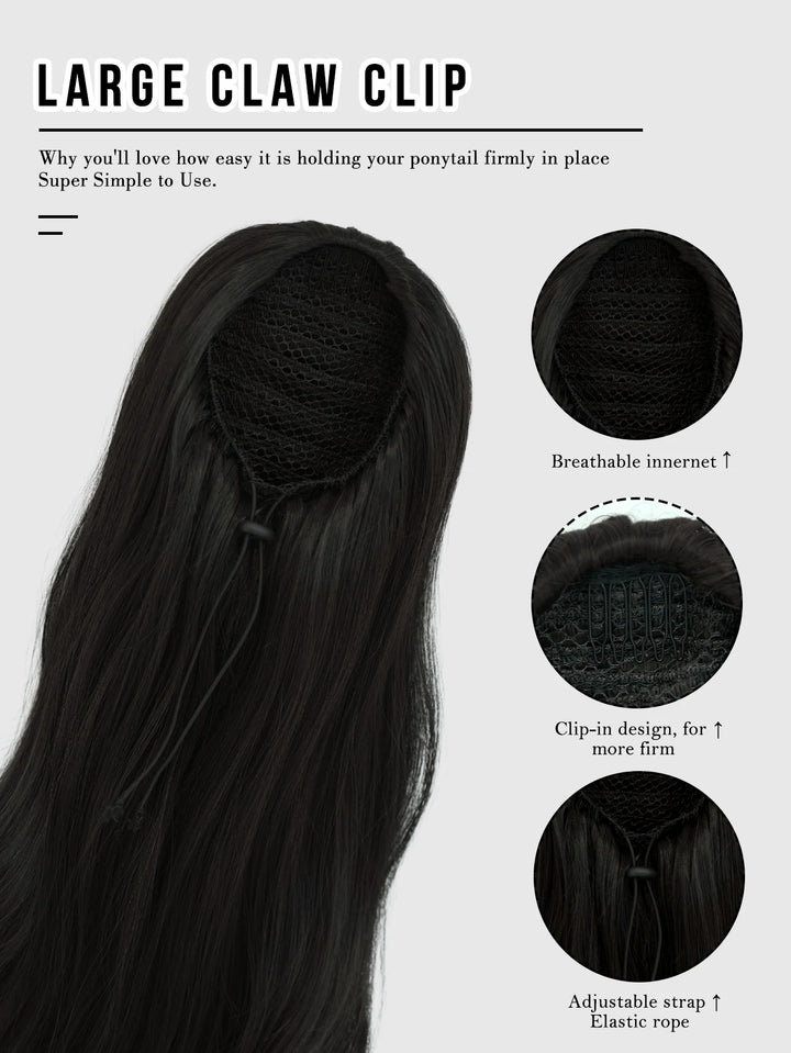 Black Hair Extensions 28 Inch Clip in Wig Adjustable Size Curly Ponytail Synthetic Hair Extension Set Black with Steel Prongs