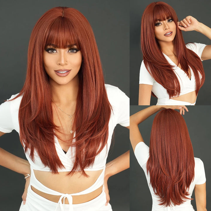Light pink long wavy wig with bangs, 26 inches, made of synthetic heat-resistant hair. Perfect for daily use.