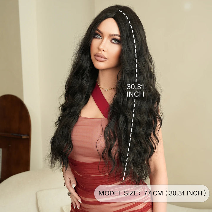 30 Inch Natural Black Long Curls Synthetic Heat Resistant Wig for Women with Middle Part Water Waves Hair. Features a Slit Matte Hair Wigs Peluca.