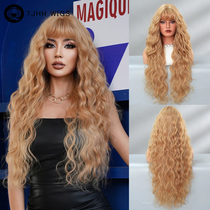 Extra Long Blonde Water Wavy Wig with Bang for Women - 32 Inch Synthetic Glueless Wig with Natural Matte Hair