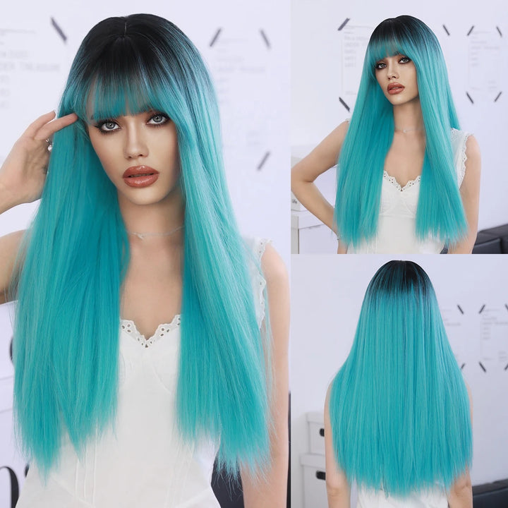 Turquoise Ombre Synthetic Wig with Bangs - Heat Resistant, Bluish Green with Black Roots for a Natural Look.
