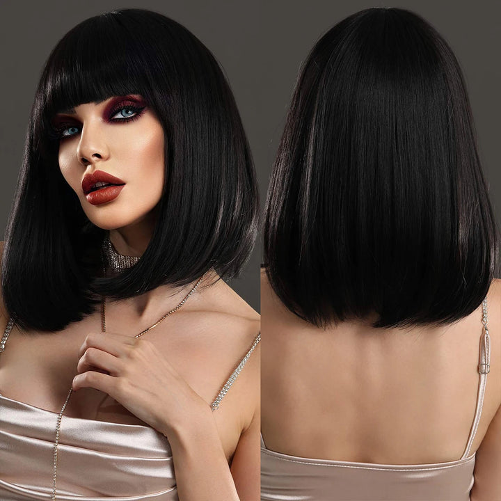 Short Black Bob Wig with Bangs for Women - Shoulder Length Synthetic Wig for Cosplay Party or Cleopatra Costume