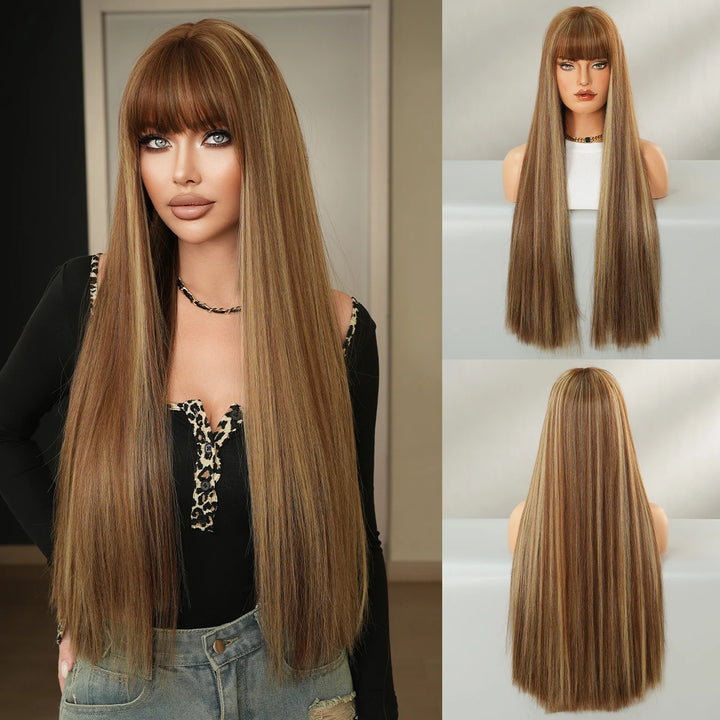 28 Inch Honey Blond Wig with Bangs, Long Straight Synthetic Wig for Women. Natural looking and suitable for daily use.