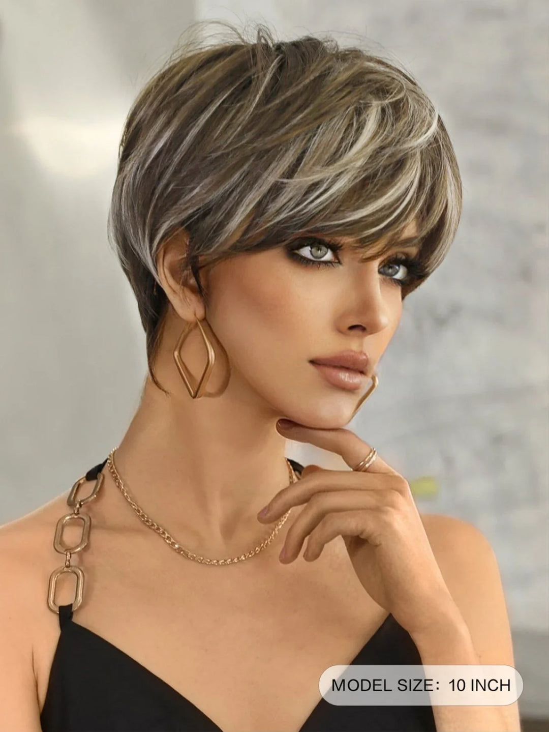 Ombre red pixie cut wig with bangs, cute and natural-looking. Short black and burgundy layered wavy style for women.