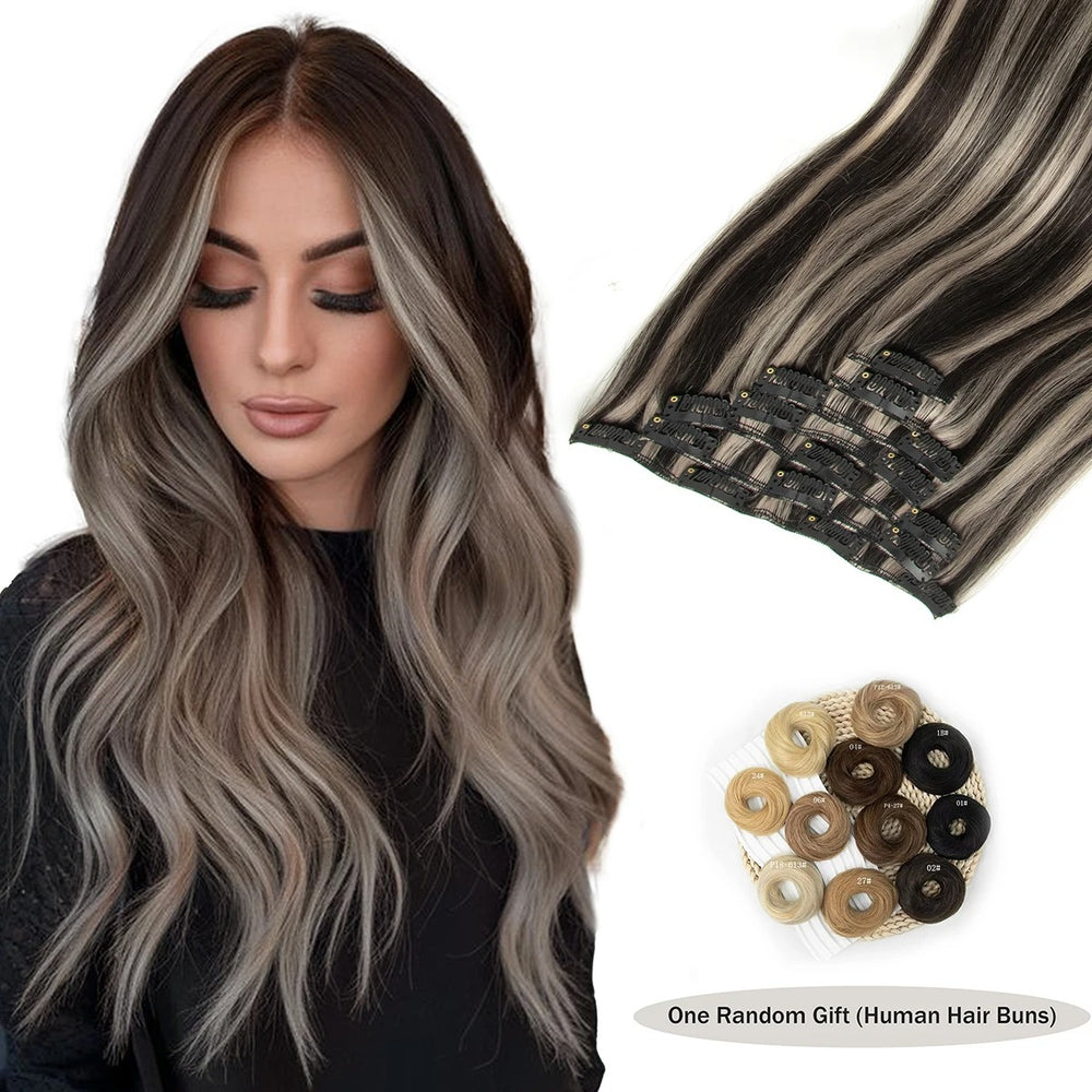 Woman with styled hair and hair extensions with color options displayed.
