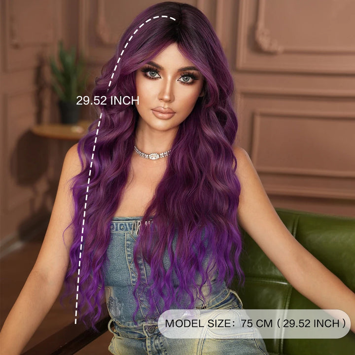 Ombre Purple Synthetic Hair Skunk Stripe Long Wavy Wigs, Heat Resistant Fiber, Wholesale, Natural Matt Wigs, 30 Inch