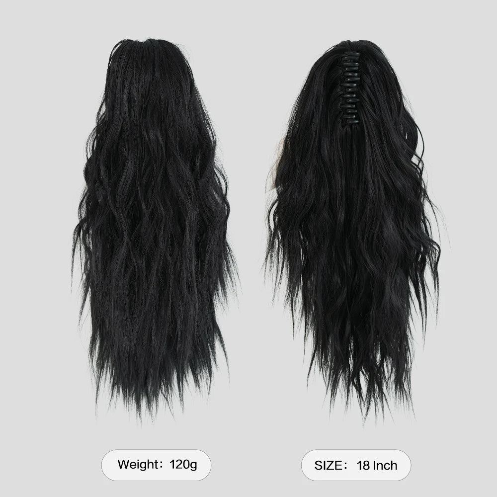 Adjustable 18-Inch Black Curly Ponytail Wig for Women with Synthetic Hair and Wig Clips
