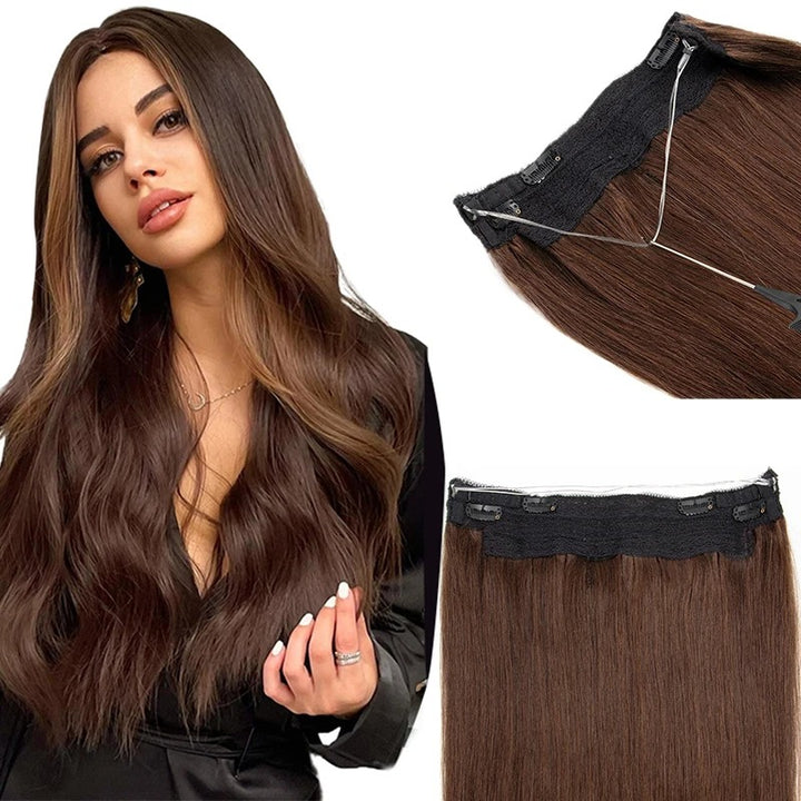 Fish Line Wire Hair Extensions - Invisible Clip-in Human Hair Extensions with 4 Clips. Made from real natural hair, available in lengths of 12-24 inches.