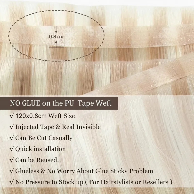 Invisible PU Tape-In Hair Extensions – Injected Skin Weft Human Hair, Seamless No-Glue Tape-On Weft Bundles for Natural Look