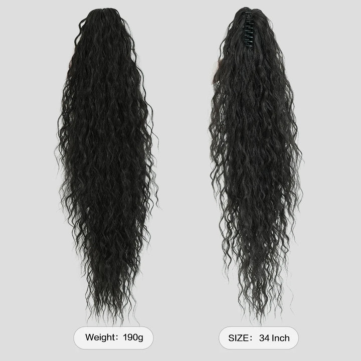 34 Inch Women's Black Synthetic Deep Wave & Water Wave Adjustable Size Ponytail Wig with Clip in