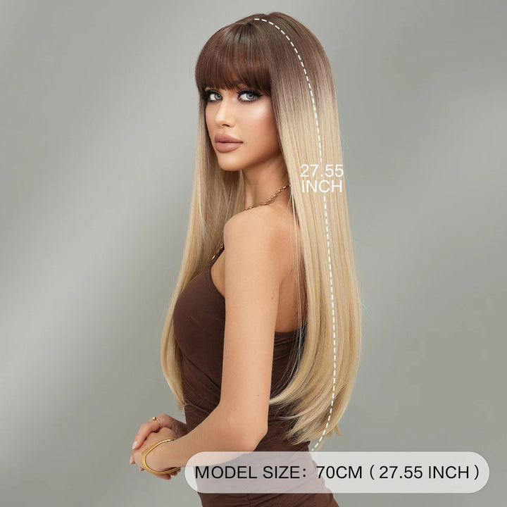 Long Straight Ombre Blonde Synthetic Hair With Bangs for Women Heat Resistant Fiber Wig Hot Selling 28 Inch.