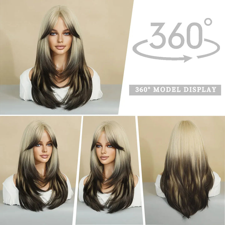 Green Highlight Layered Wig with Curtain Bangs, Synthetic Heat Resistant Hair Wig for Women.