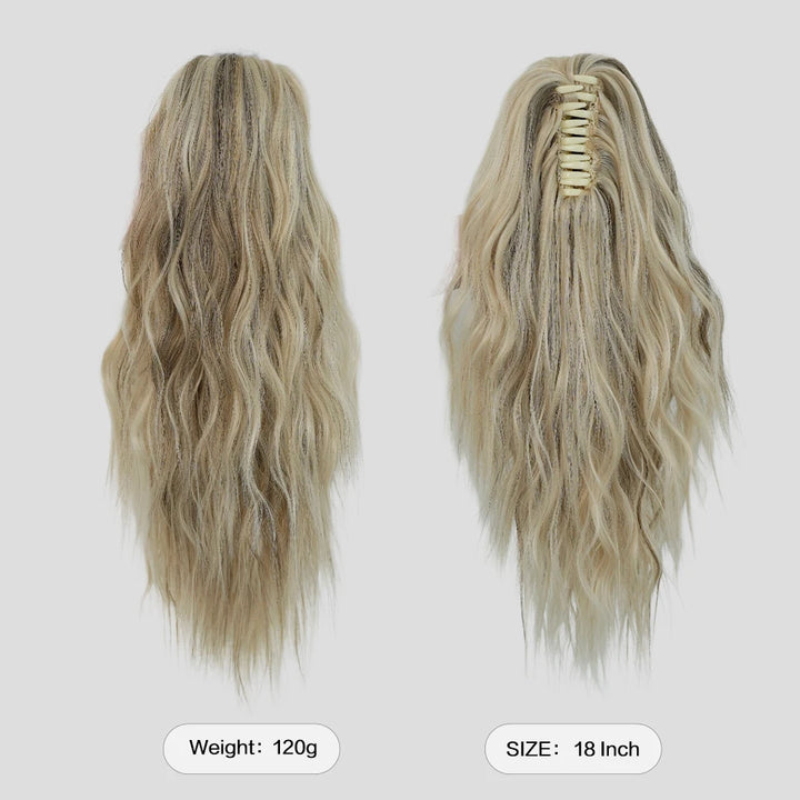 18 Inch Women's Lilac Highlight Natural Wave Drawstring Adjustable Size Black Synthetic Hair Beige Clip Portable Easy Ponytail