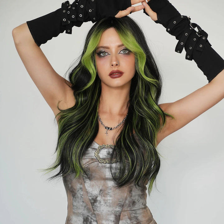 Black Green Synthetic Hair Skunk Stripe Long Wavy Wig, 26 Inch, Heat Resistant Fiber, Wholesale, Natural Matt.