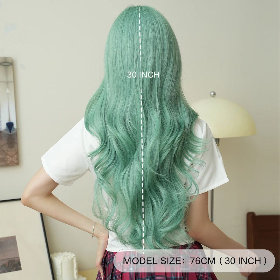 28-inch long water wave light green middle-parted synthetic matte hair wig for women. Heat-resistant lace front wig.