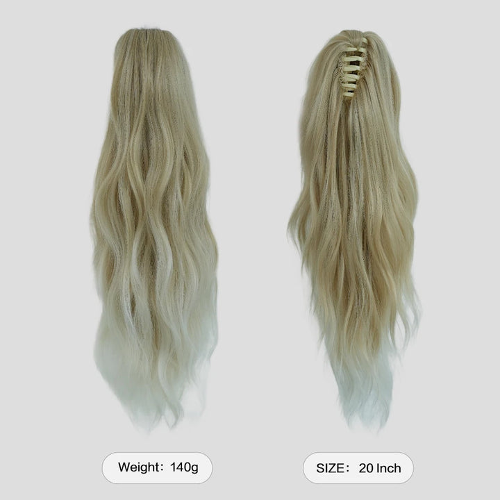 20 Inch Women's Wig with Cinnamon Gold Highlights Adjustable Size Black Curly Ponytail Synthetic Hair and Black Wig Clips