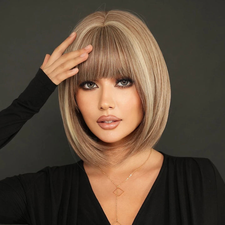 Black Bob Wigs with Bangs, Synthetic Straight Bob Wigs for Women, Heat Resistant 12 in Hair
