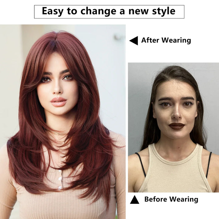 Blonde ombre layered wig with curtain bangs for women. High density heat resistant synthetic hair in dark brown.