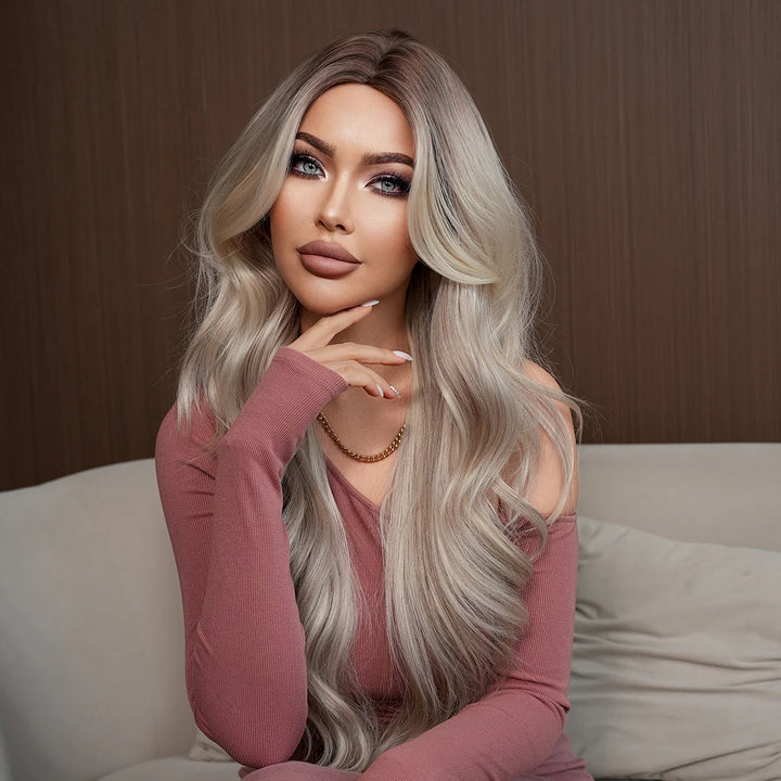 30-Inch Ombre Platinum Blonde Long Curls Synthetic Heat-Resistant Wig for Women Natural Hair Slit Matte White Hair Wigs Peluca#