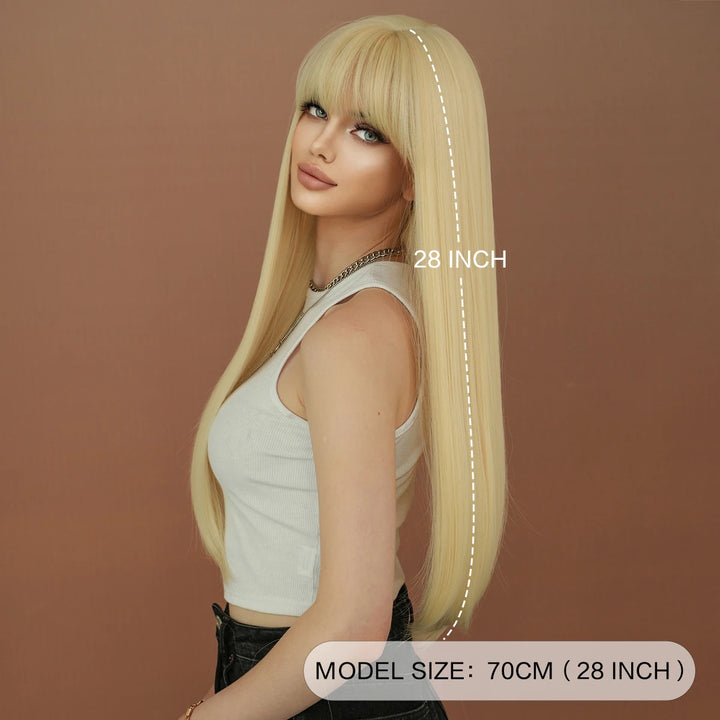 High-quality long straight blonde synthetic hair with bangs for women. Heat-resistant fiber wig, hot selling 28 inches.